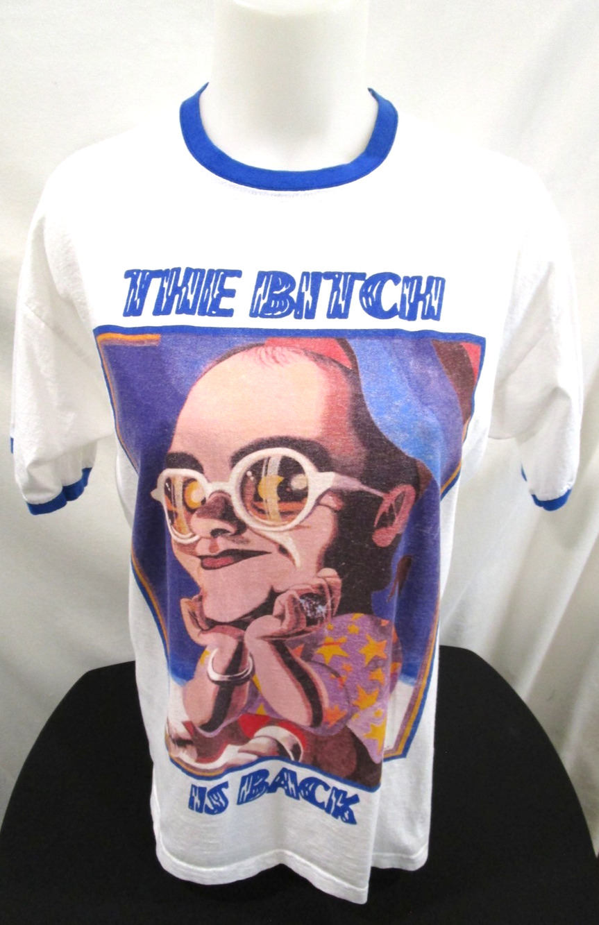 Elton John The B*tch Is Back White, Blue Ringer T-Shirt Women Sz L